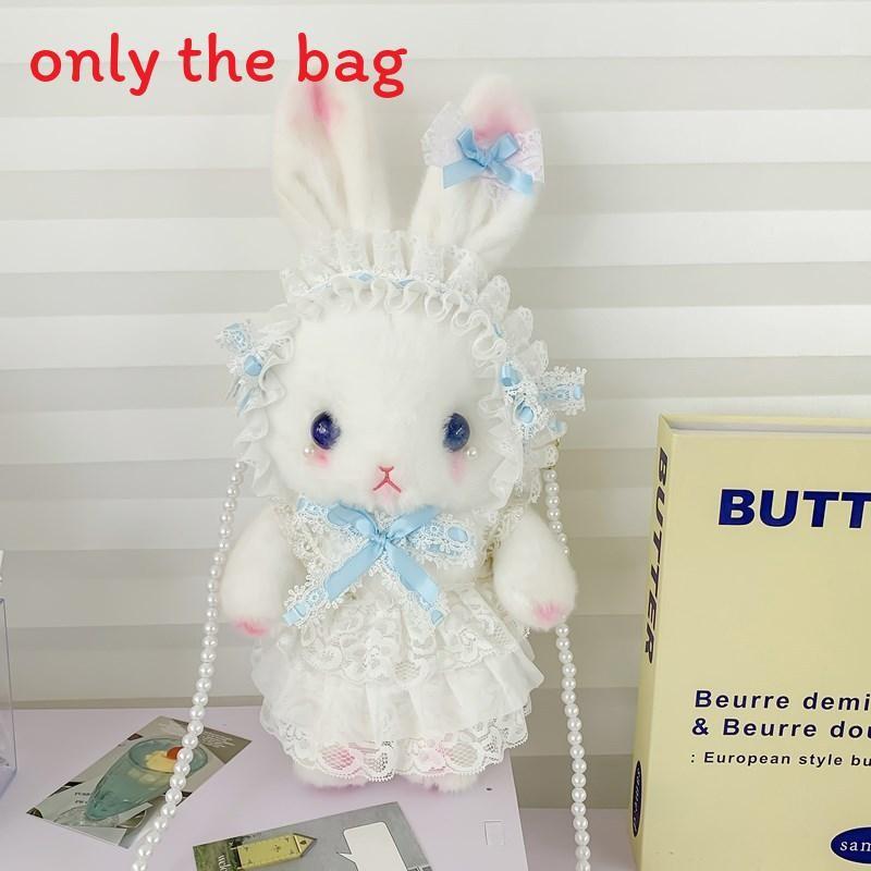 Plush Rabbit Lolita Shoulder Bag With Lace Bow Design And Faux Pearl Shoulder Strap For Daily Use