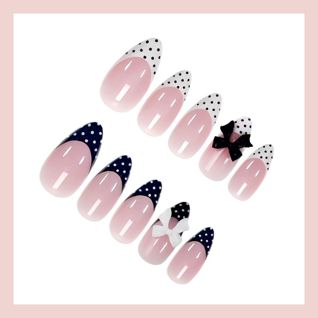 Black White Polka Dot-Bow Nail Tips 24 Pieces For Party Wedding