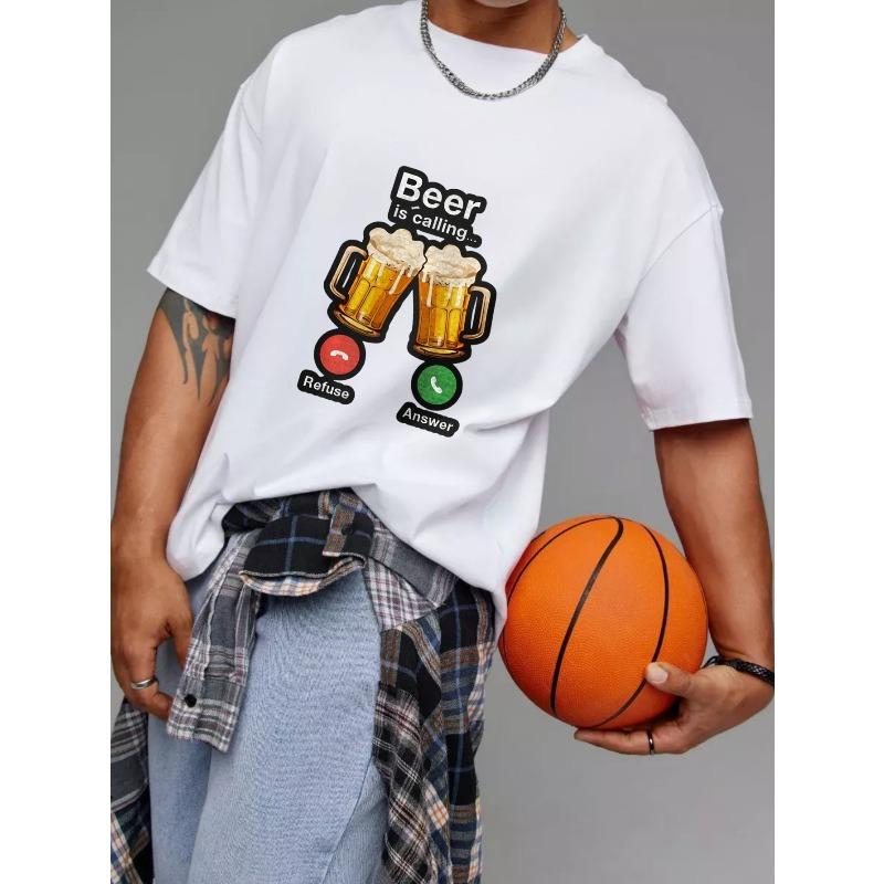 White T Shirt Beer Is Calling with Beer Mugs and Phone Buttons Design for Casual Wear