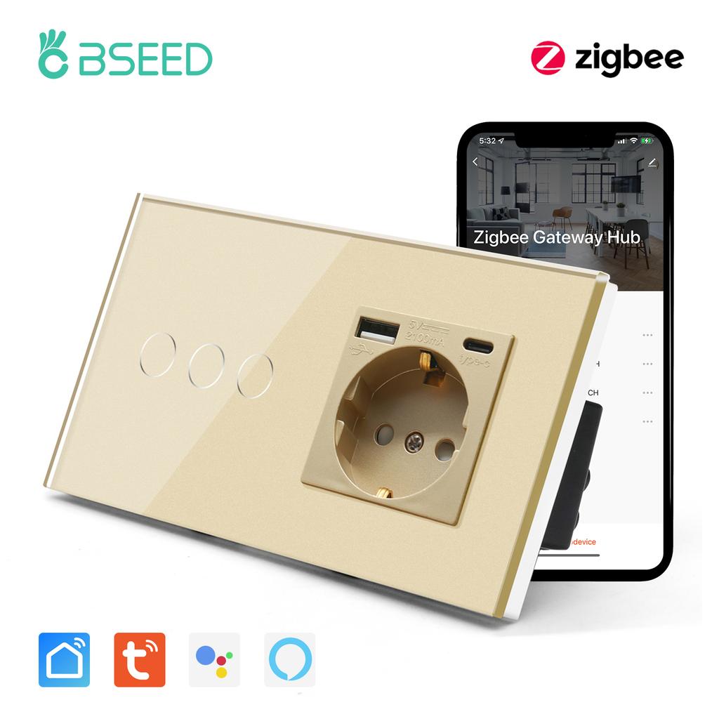 BSEED Zigbee 1/2/3Gang Wall Smart Switches 1/2/3Way Light Touch Switch with Typ-C USB EU Sockets Tuya Smart Life App Control
