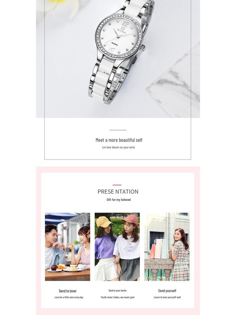 Chenno Keramik Damen Quarzuhr mit Diamanten - Modisch, Wasserdicht