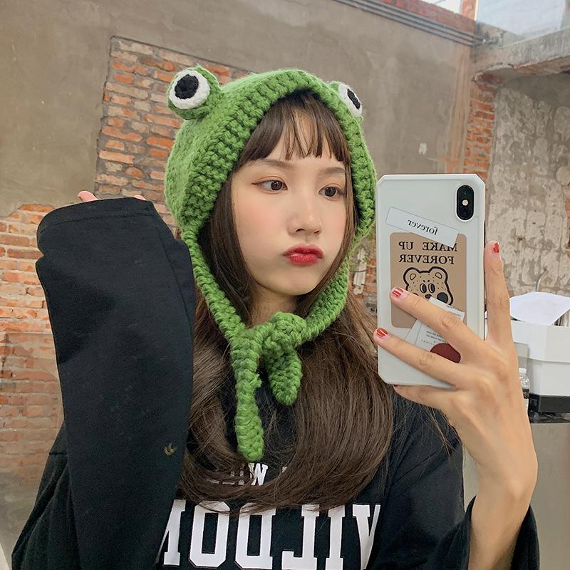 Frog Knitted Wool Hat for Women In Autumn and Winter Versatile Cute Korean Style Headdress Winter Headgear Cuckold Trendy Ear Cup