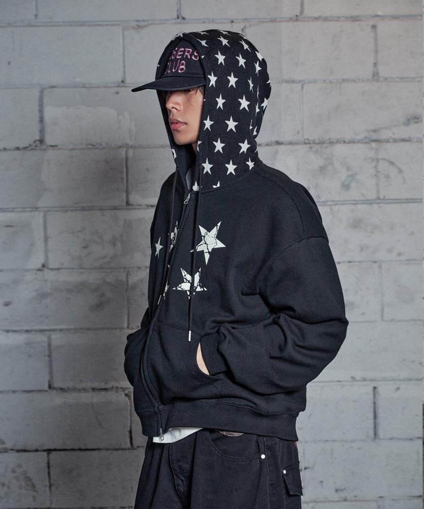 Losers Club Star Graphic Two-Way Zip-Up Hoodie Black