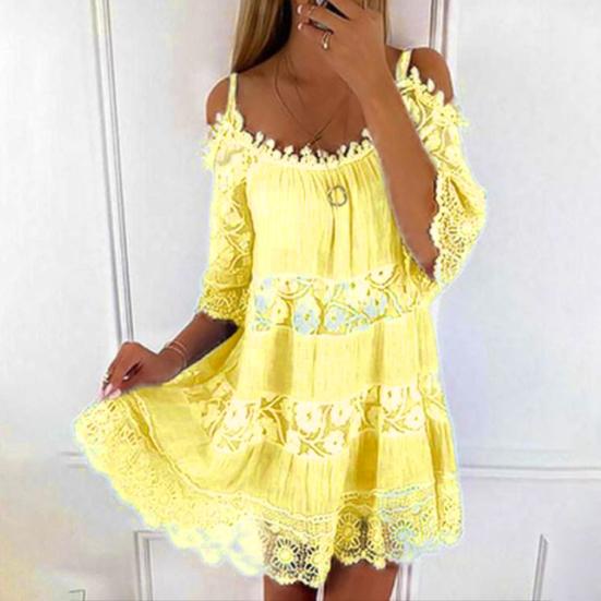 Scoop Neck Half Sleeves Loose Fit Summer Dress Embroidery Crochet Lace Cold Shoulder Mini Dress Female Clothing