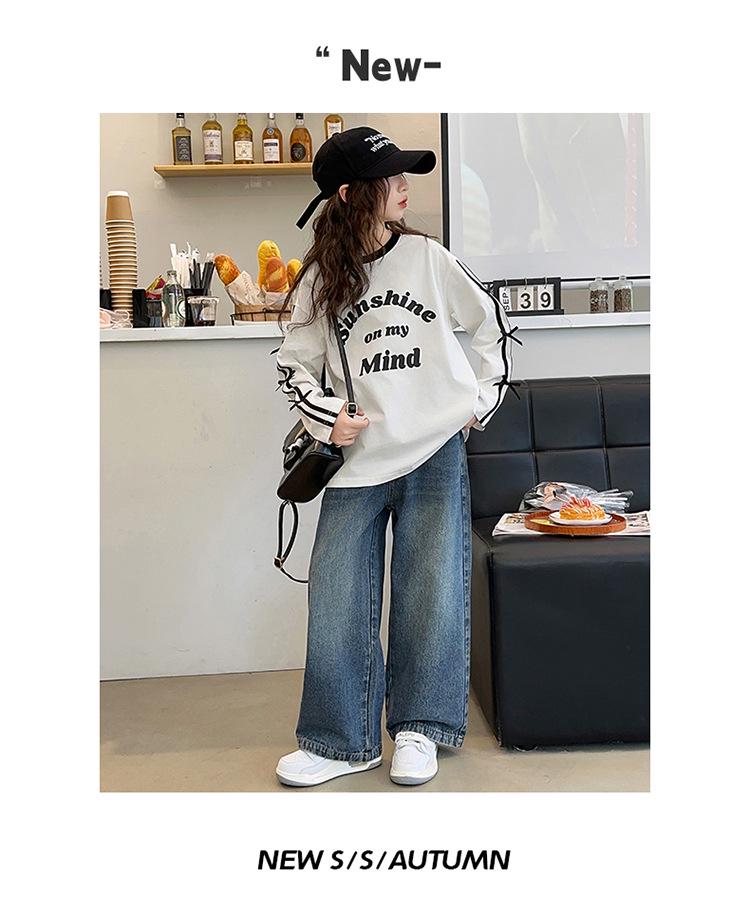 2025 Trendy Girls' Loose Long Sleeve Letter Stripe Top for Big Kids