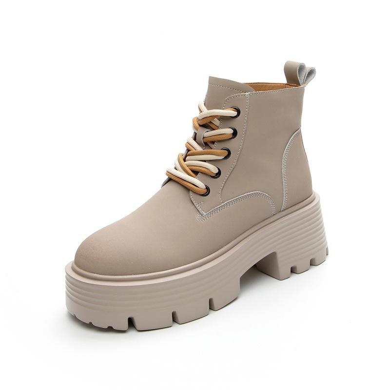 Women's British-Style Thick-Soled Lace-up Worker Boots Casual Height Increasing Insole Leather Shoes