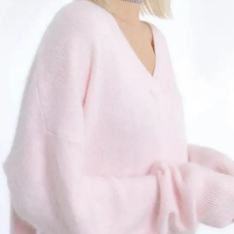 Women's Temperament Solid Knit Sweater V-neck Long Sleeve Faux Mink Hair Soft Loose Knit Top Fashion Lazy Style Simple Casual Sweater
