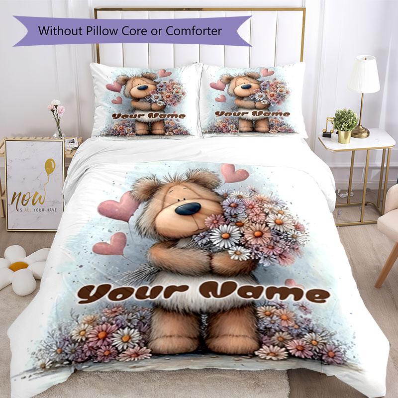 3PC Custom Name Love Bear Flowers Heart Bedding Set Printed Bedding Set Duvet Cover Closure Includes 1 Duvet Cover & 2 Pillowcases for All Seasons Bed