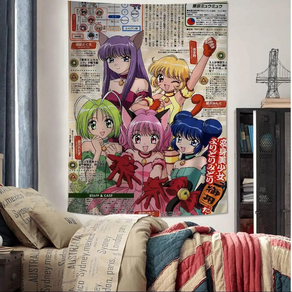 TTokyo MMew Mew Anime Tapestry Retro Magical Girl Print Polyester Wall Hanging 90s Anime Themed Home Decor for Bedroom Dorm