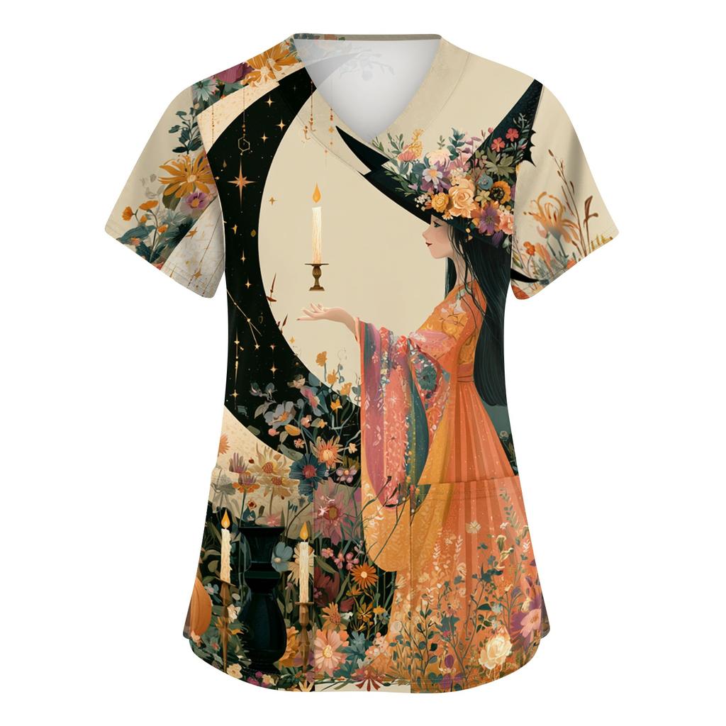 Women's V-Neck Short Sleeve Scrub Top with Pockets Halloween Print for Work