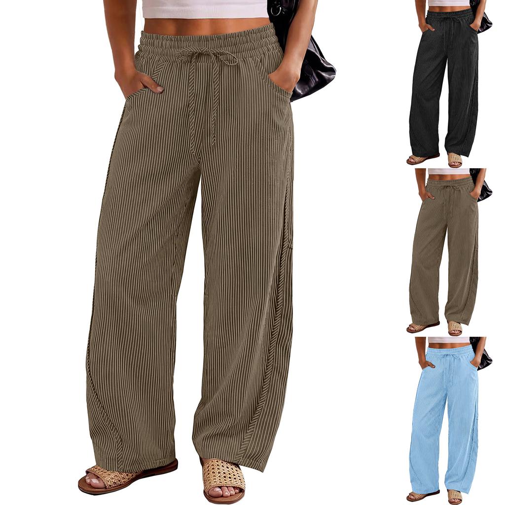 Linen Casual Wide Leg Pants For Women Elastic Waist Versatile Business Casual Work Palazzo Trousers With Pockets