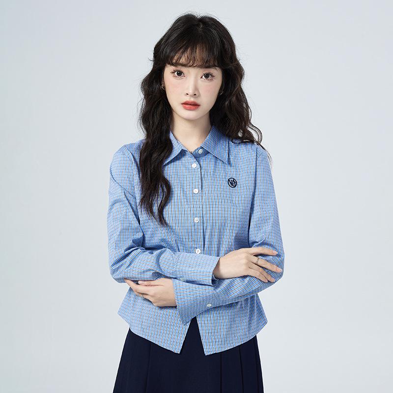 Women s Spring 2026 Blue Striped Polo Collar Embroidered Long Sleeve Shirt - Versatile and Trendy Large синий