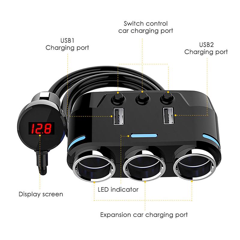 3Way Cigarette Lighter Socket Splitter Power Adapter Dual Usb Car Charger 12/24V