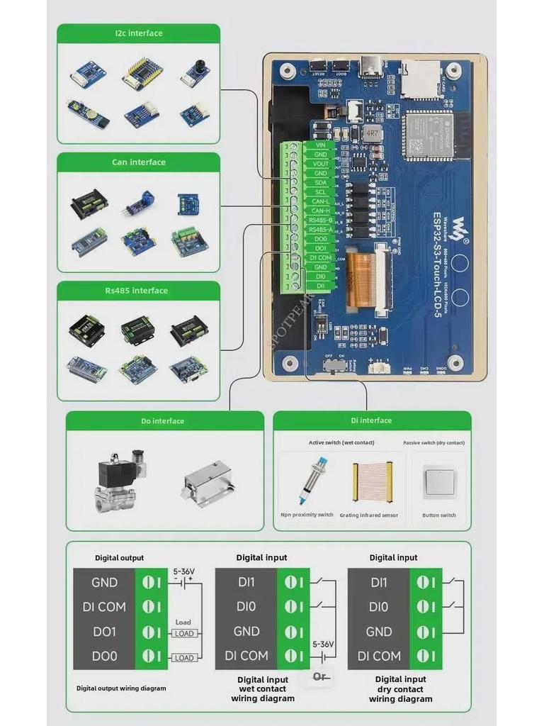 ESP32 S3 Dev Board with 5" 1024x600 Touch LCD, LVGL, CAN/RS485, and Sensor.