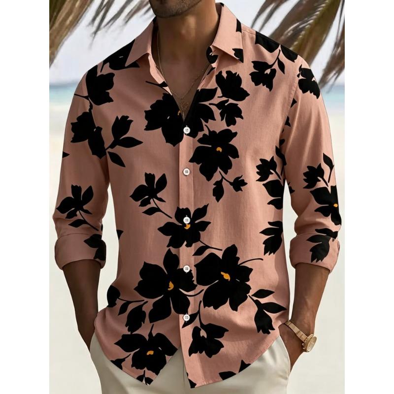 Herrenbluse mit Blumenprint, langen Ärmeln und Kragen für Urlaub und Freizeit, Strandreise-Trend, Herrenbekleidung