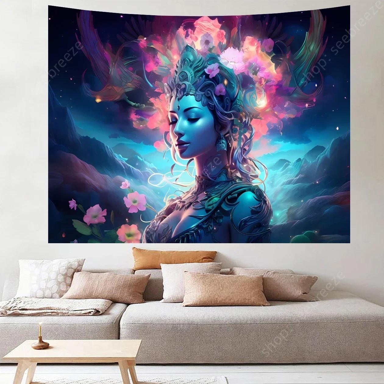 Cosmic Meditation Tapestry Bedroom Mural Luminous Starry Night Bohemian Spiritual Space Decoration 100X70CM