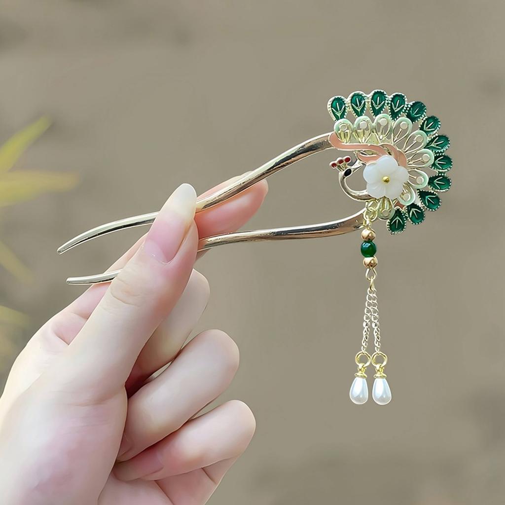 U Shaped Hair Sticks Forks Chinese Fan Shaped Hairpins Side Clips Pearls Pendant Decor Elegant Women Hair Bun Maker Jewelry