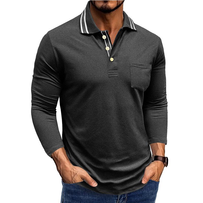 

Men s Light Gray Long Sleeve Polo Shirt with White Stripe Collar and Chest Pocket S темно-серого