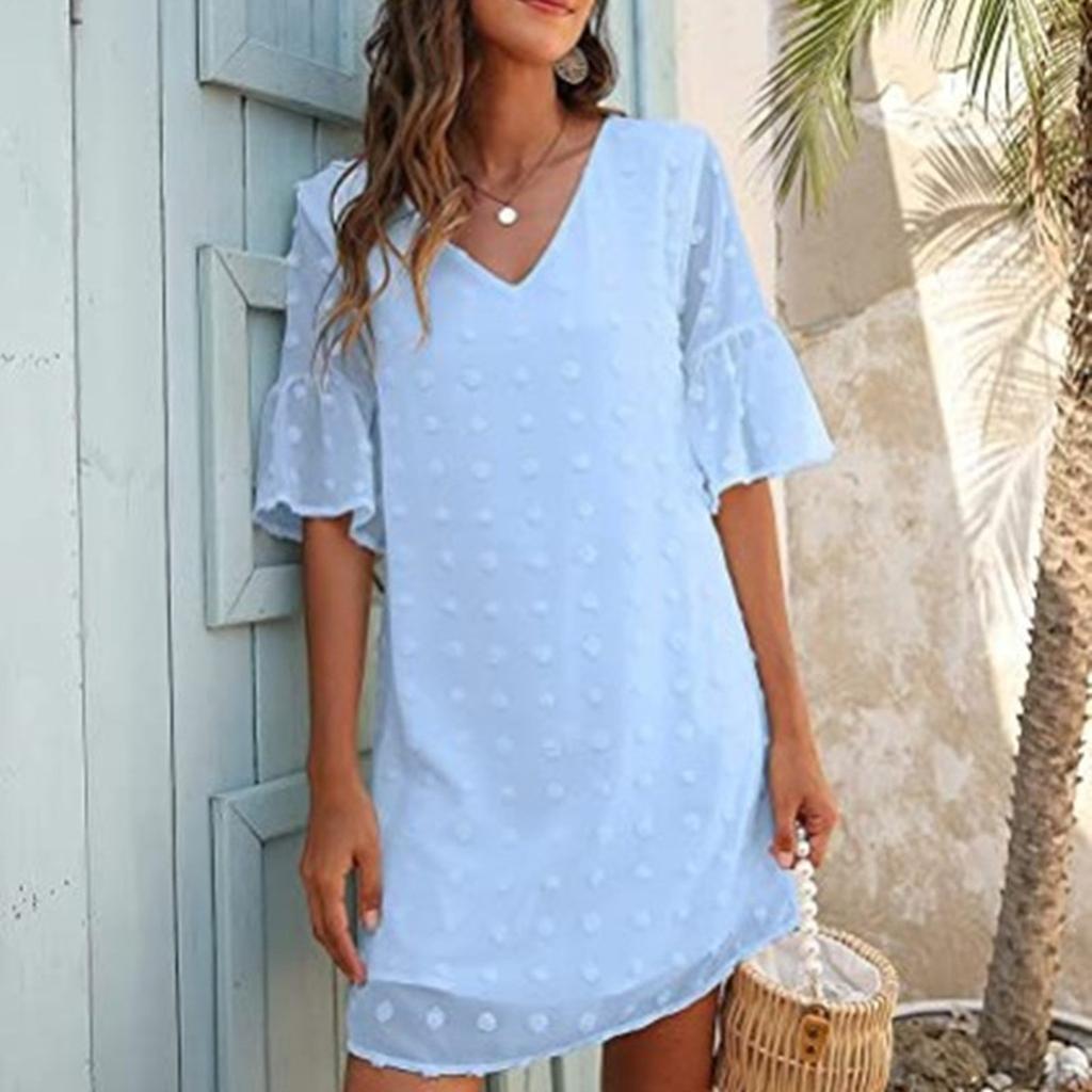 Women's  Small Fresh Casual Solid Color Loose Straight Trumpet Short-sleeved Jacquard-chiffon Stitching V-neck Dress