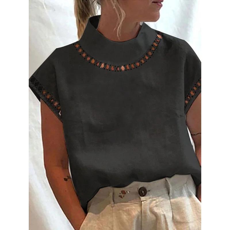Women's Solid Color Hollow Top Casual Turtleneck Breathable Shirt