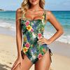 Swimsuit for Women Tropical Floral Print Bathing Suit with Adjustable Side Drawstring Scoop Neck Swimwear