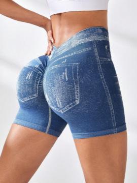 Nahtlose Yoga-Shorts für Damen in Jeans-Optik, hoher V-Bund hinten, Po-Lifting, eng anliegend, für Laufen, Fitness, Dreipunkt-Hose