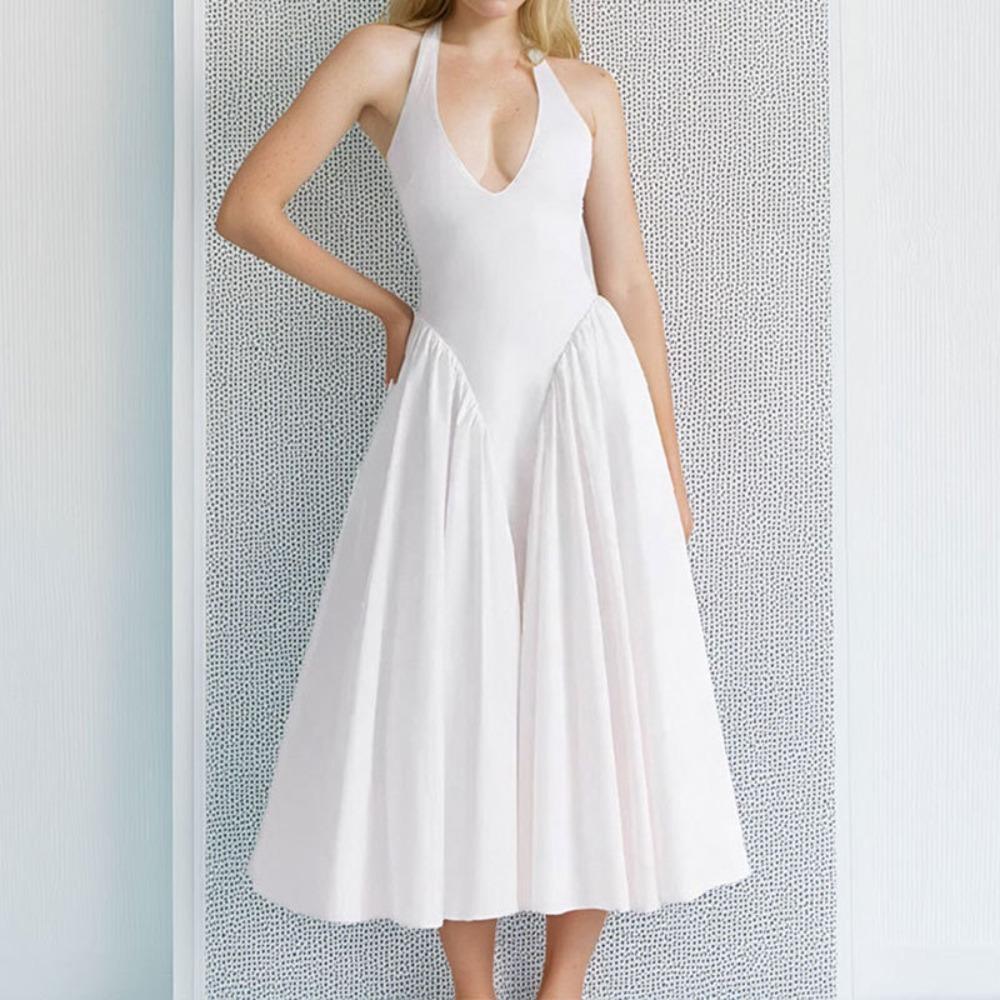 Women s Halter Neck Sleeveless Solid Color Midi Dress High Waist Elegant A-Line Dress S