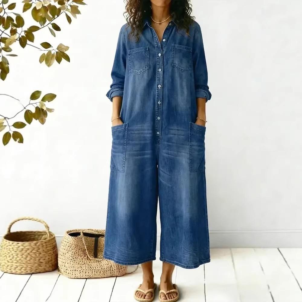 2026 Spring Women's Fashion European & American Single-Breasted Shirt Dress Jumpsuit