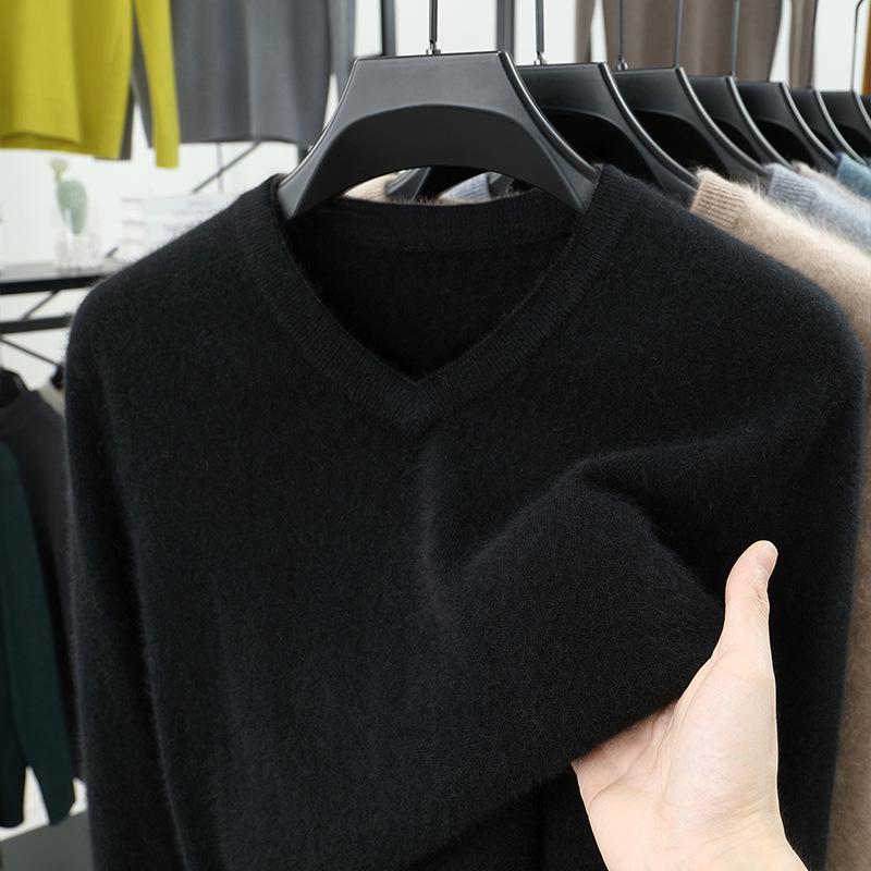 High-End Cashmere Thick V-Neck Wool Sweater for Men: Middle-Aged & Young, Warm Knitted Pullover