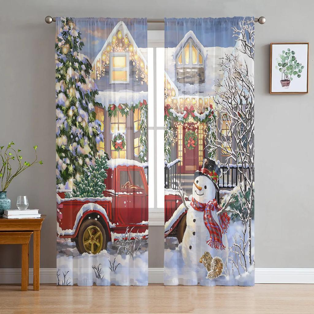 Christmas House Santa Claus Snowman Elk Sheer Voile Curtains Living Room Bedroom Window Drapes Balcony Screen Tulle Curtains