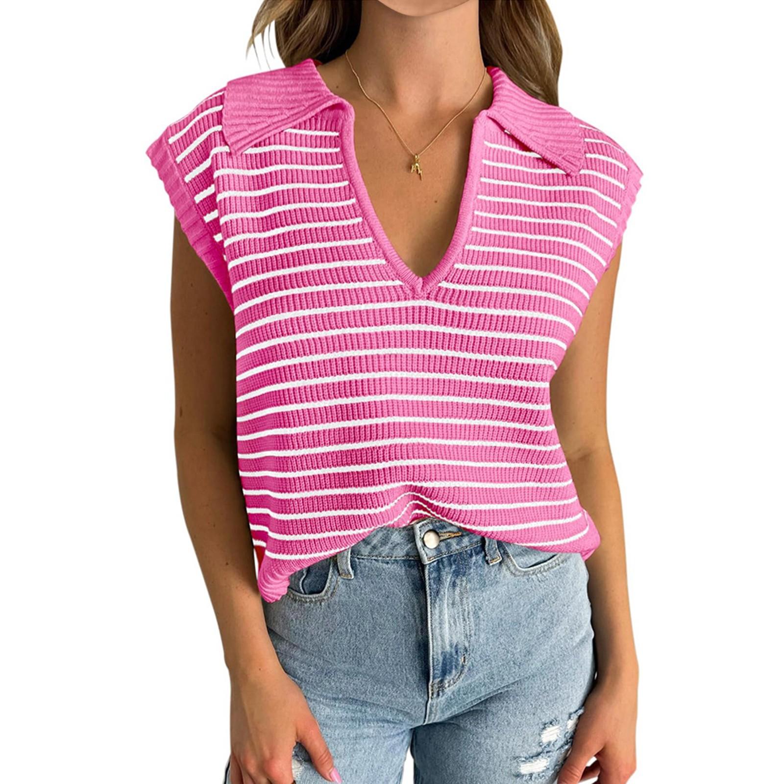 

Women s Striped Colorblock V-Neck Knit Top Casual Striped Lapel Sweater M рожевий