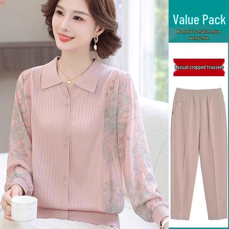 Frühling 2025 Damen Langarm Strick-T-Shirt mit Gazeärmeln für Mütter mittleren und höheren Alters