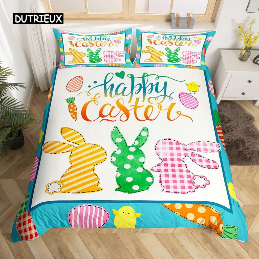Rosa Kirschblüten Bettbezug Fröhliches Ostern Thema Hasenohren Ostereier Bettwäsche Set Polyester Schmetterling Blume Bettdeckenbezug
