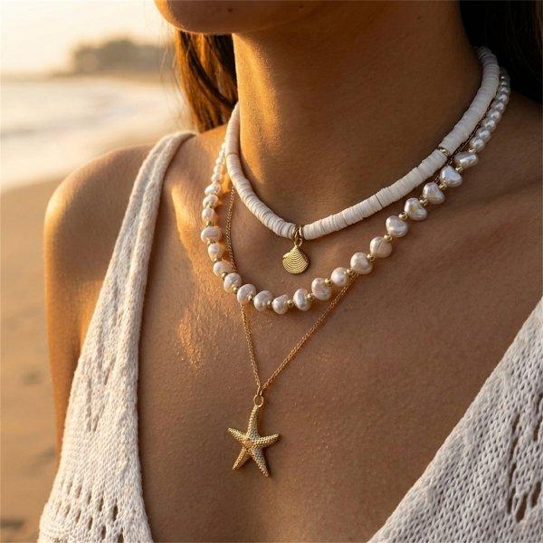 Bohemain Vintage Shell Starfish Turtle Multilayer Necklace for Women Ethnic Handmade Blue Beaded Necklaces Summer Beach Jewelry