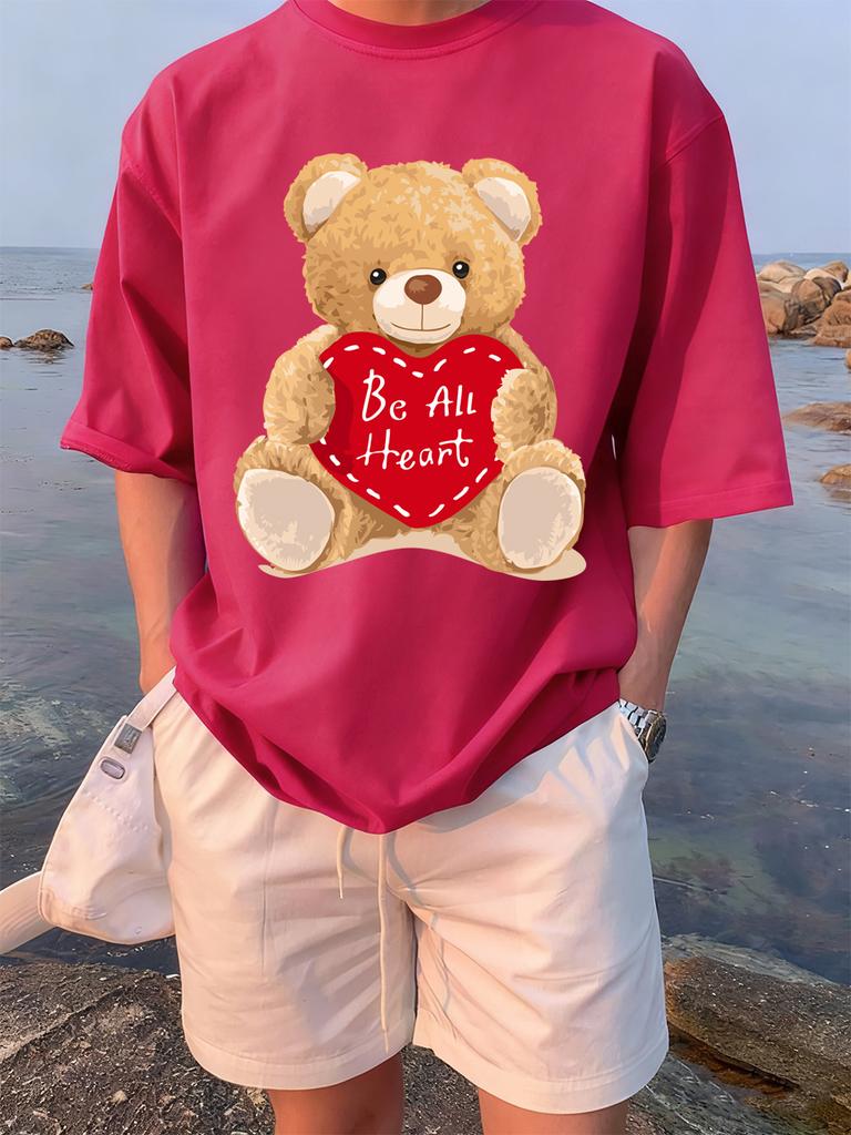 Cartoon Bear Gives You His Heart Prints TShirts Womens Summer Cotton Tops ONeck Soft Loose Short Sleeve Tees Casual Clothes