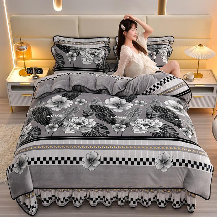 Cozy Flannel 230g Milk Velvet Printed Bed Set with Skirt - New Autumn/Winter Collection, Hot Seller