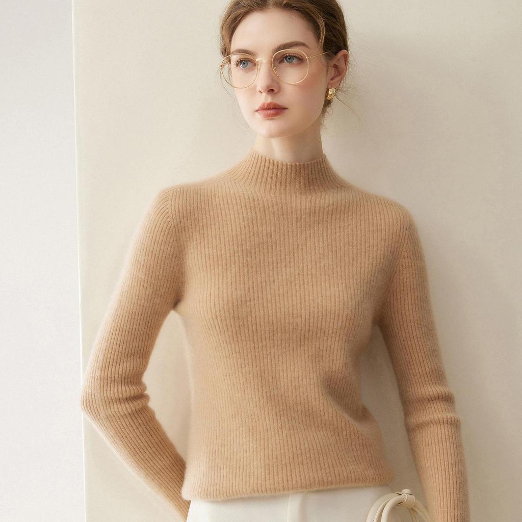 Women's Slim Fit Ribbed Cashmere Sweater - Half-High Neck