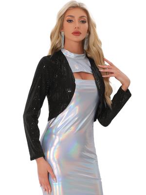 Allegra K Damen Halloween Kostüm, Paillettenjacke mit offenem Vorderteil, Kurz geschnitten, Funkelnder Bolero und Schulterjacke, Schwarz, Größe M