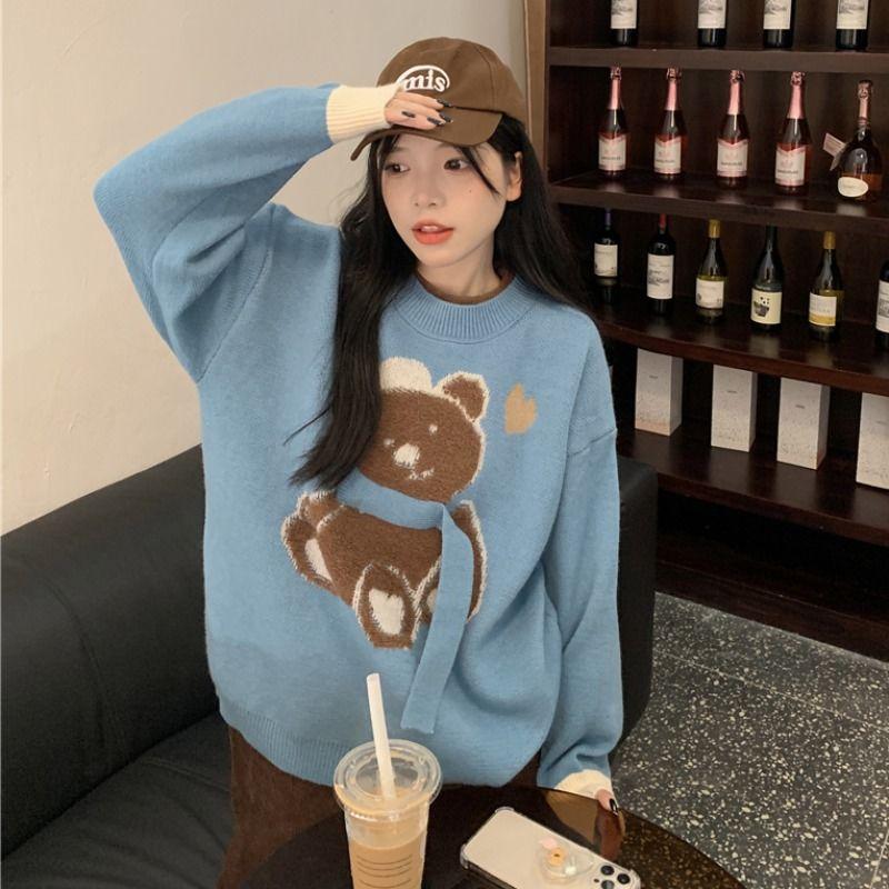Podzim Zima Dámský Svetr Vzor Medvěda a Písmen Roztomilý Volný Pletený Dlouhý Rukáv Véčkový Výstřih Dámské Topy