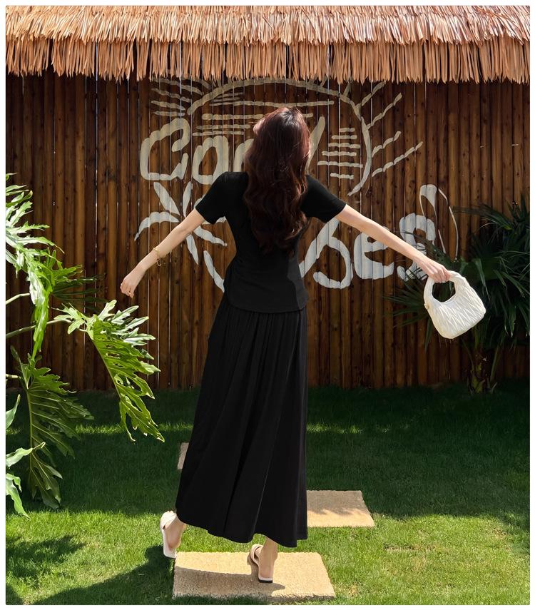 Französisches Falten-T-Shirt mit tailliertem Bund & High-Waist-Rock Sommer-Set für Damen