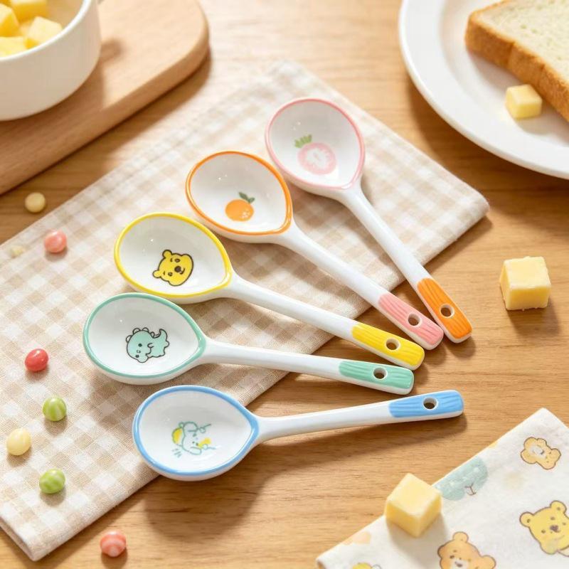 Long Handle Hand-Painted Ceramic Spoon - Cute Cartoon Design