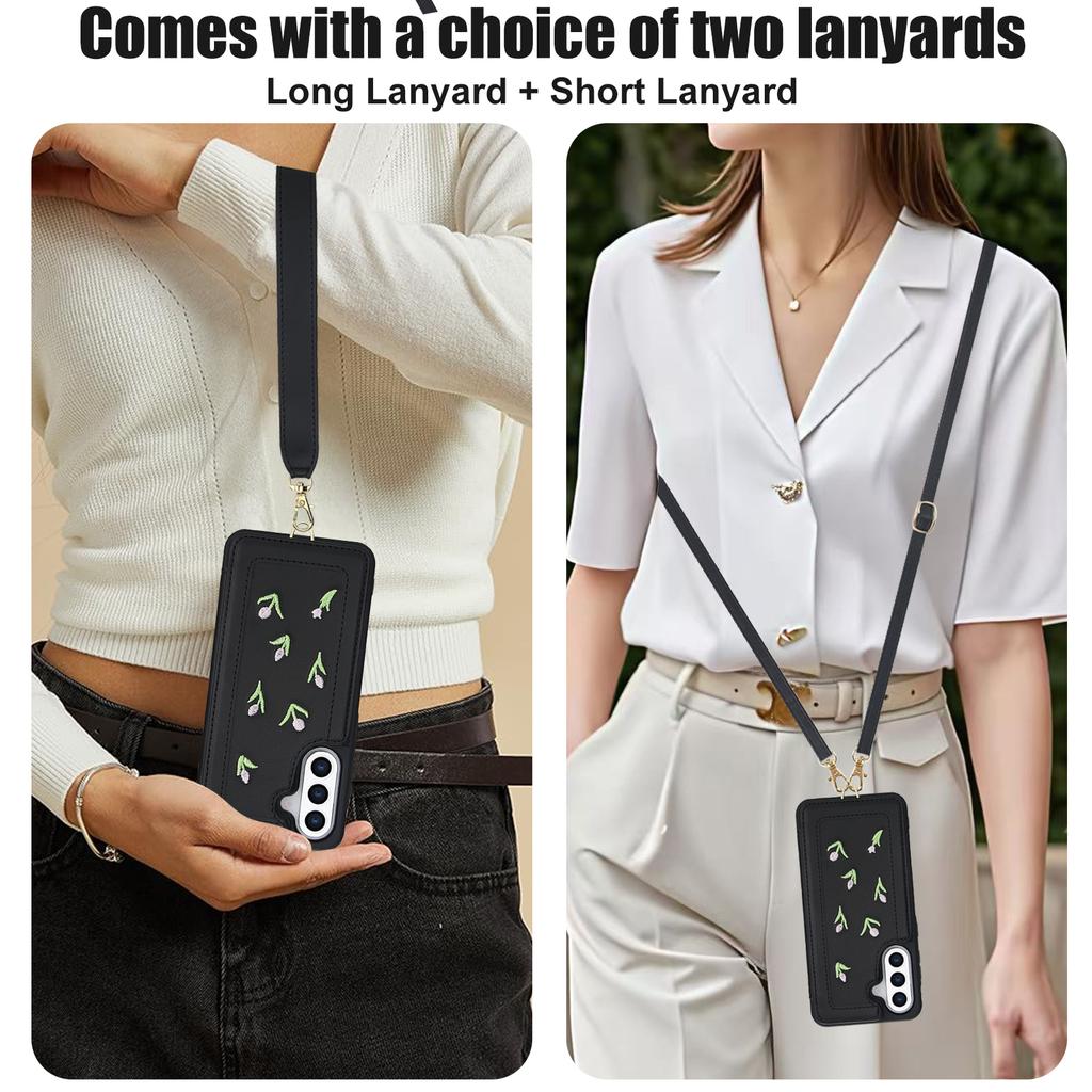 For Samsung Galaxy A36 5G/A56 5G Case Embroidered Tulips PU Leather Card Holder Back Cover with Shoulder Strap/Wrist Strap