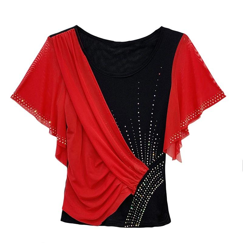 Summer Women's Mesh Color Block Design Lace Trim Rhinestone DetailsTrendy Short Sleeve T Shirts