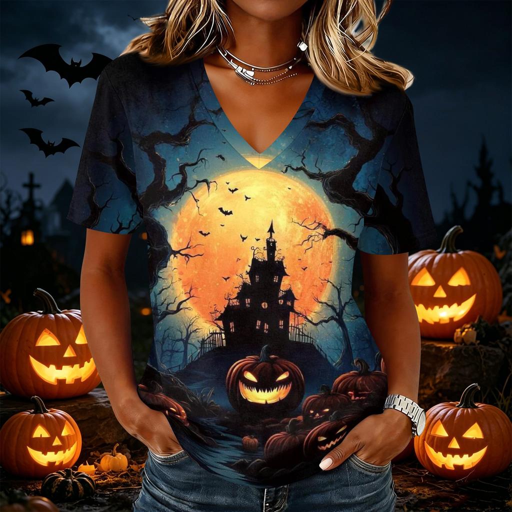 Women's Casual Short Sleeve Halloween Print V Neck Pullover Top Comfortable Lightweight Fabric Relaxed Fit