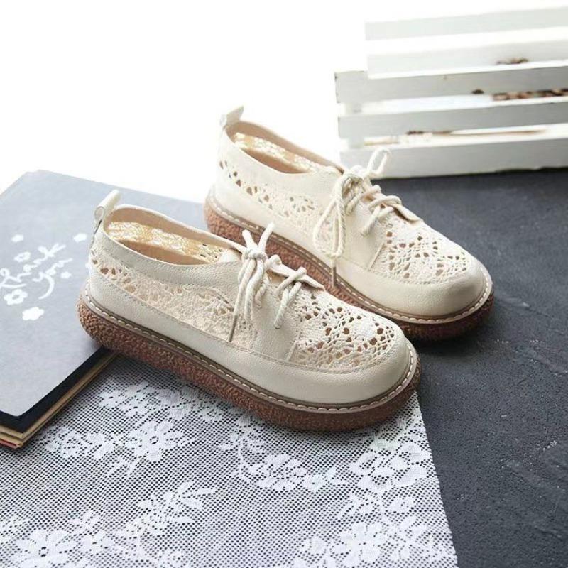 Fashion Mesh Breathable Leather Flat Women's Shoes Lace Up Cute Kawaii Female Footwear Cheap Korean on Offer Casual Daily Routine Cotton