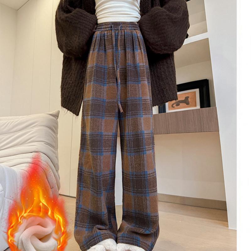 

Кофейные шерстяные клетчатые брюки для женщин прямые брюки на осень и зиму новые свободные ретро повседневные брюки для похудения плюс бархатные широкие брюки XL