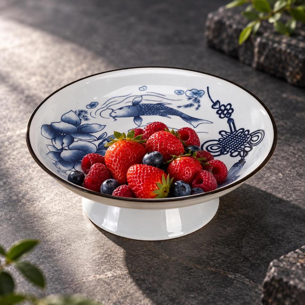 Ceramic Fruit and Snack Serving Plate with Pedestal Base Decorative Koi Fish