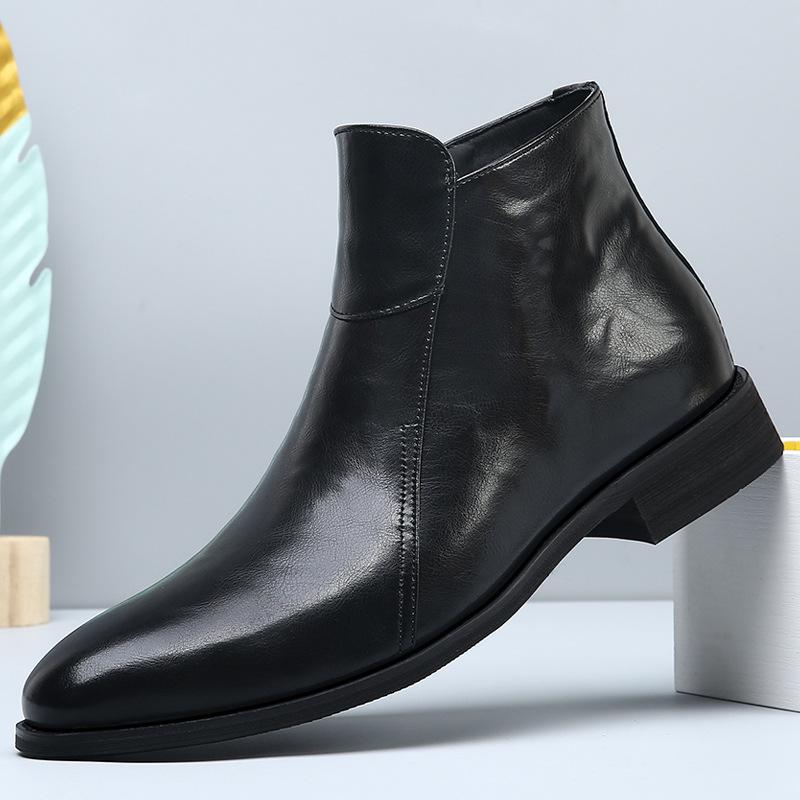 Fashion 2025 New Designer British-style Chelsea Boots for Men Solid Color Side Zipper Pointed Toe High-top Cow Leather Shoes Boots Man