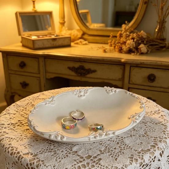 Embossed Jewelry Tray, Vintage Small Trinket Holder Dish for Rings, Necklaces, Bracelets, Keys, Decorative Dresser Storage Organizer Tray for Women,