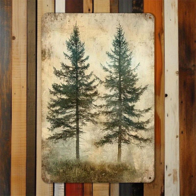 [2D Flat] Mystical Evergreens 2D Tin Painting - Hazy Horizon Design, Ideal for Bathroom, Room, Bar, Field Road Sign Decor, Perfe
